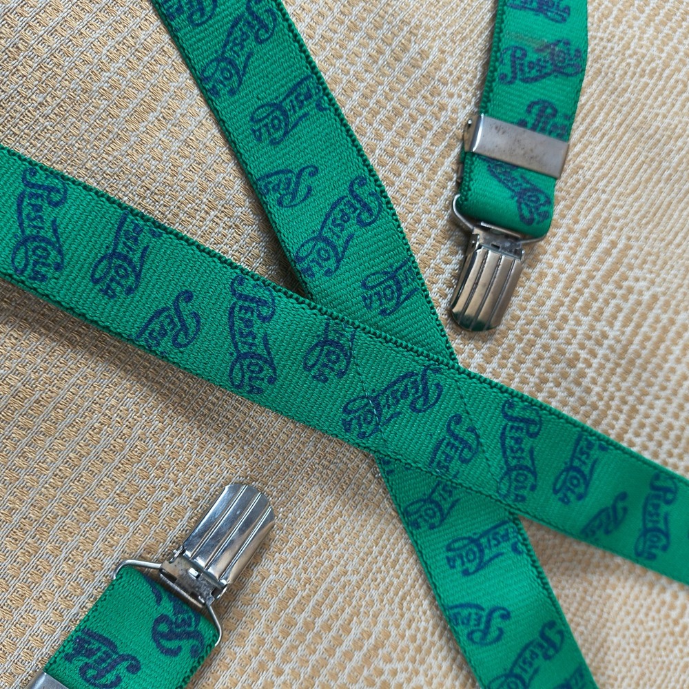 Pepsi-Cola Logo Suspenders Green Navy Script Print‎ Adjustable Clip-On Y-Back